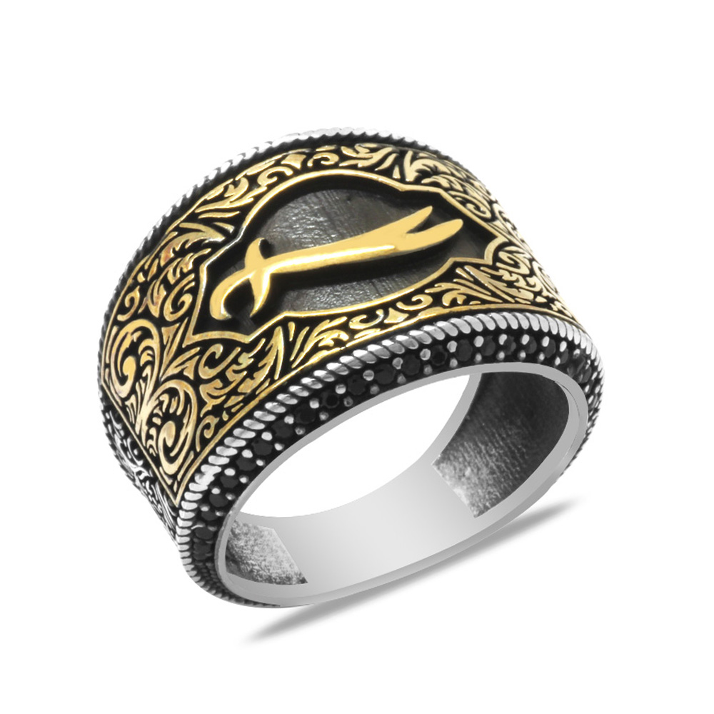 Mikro Siyah Zirkon Taş Mıhlamalı Zülfikar Tasarım 925 Ayar Gümüş Erkek Yüzük - 3