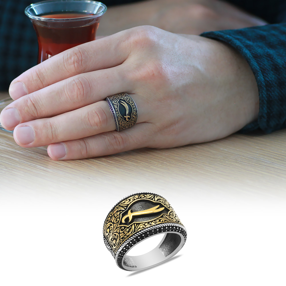 Mikro Siyah Zirkon Taş Mıhlamalı Zülfikar Tasarım 925 Ayar Gümüş Erkek Yüzük - 1