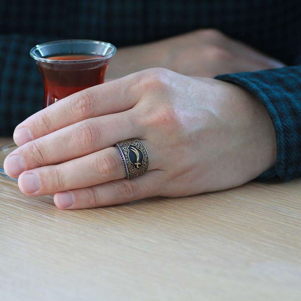 Mikro Siyah Zirkon Taş Mıhlamalı Zülfikar Tasarım 925 Ayar Gümüş Erkek Yüzük - 2