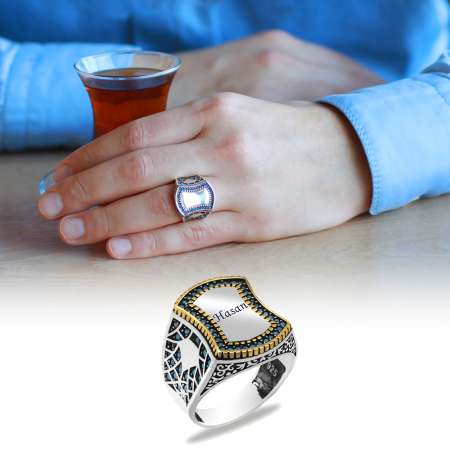 Mikro Turkuaz Zirkon Taş Mıhlamalı İtalyan Tasarım İsme Özel Veya Harf Yazılı 925 Ayar Gümüş Erkek Yüzük - Tesbihane