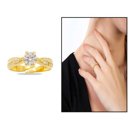 Mikro Zirkon Taş Süslemeli Altın Renk Ayarlanabilir Ölçü 925 Ayar Gümüş Kadın Tektaş Yüzük - Tesbihane