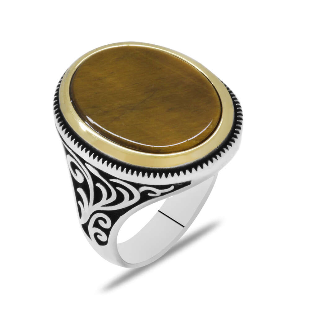 Minimal Tasarım Kaplan Gözü Taşlı 925 Ayar Gümüş Erkek Yüzük - 3