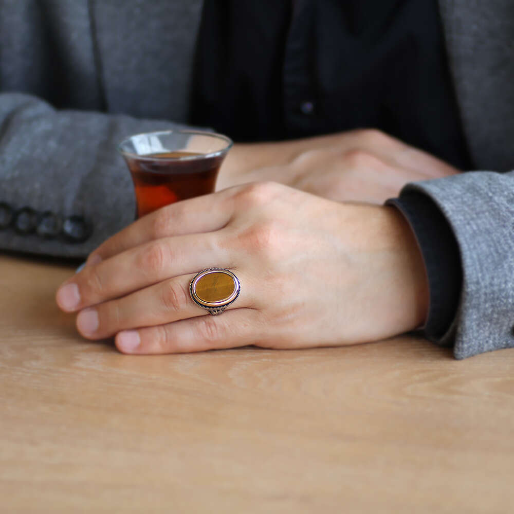 Minimal Tasarım Kaplan Gözü Taşlı 925 Ayar Gümüş Erkek Yüzük - 2