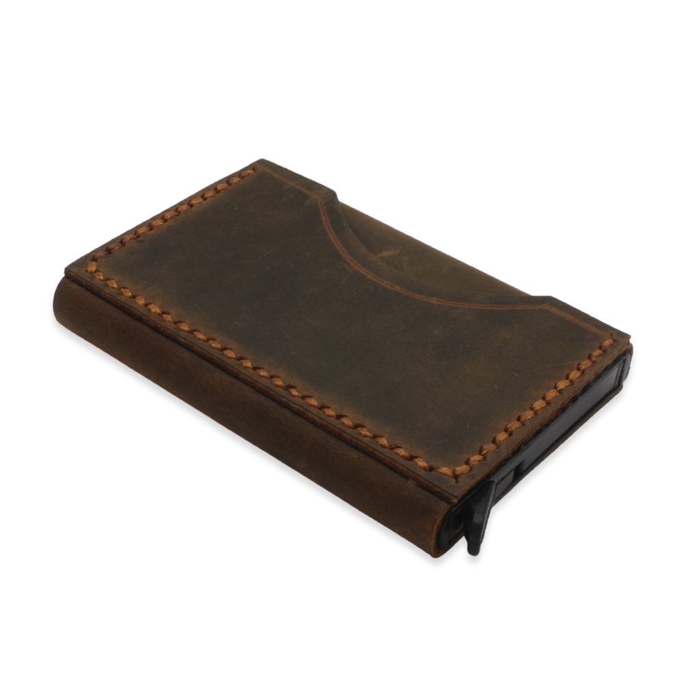 Tamamı El Dikişi Kahverengi Hakiki Deriden Mekanizmalı İsme Özel Yazılı Kartlık Cüzdan M3 - 5