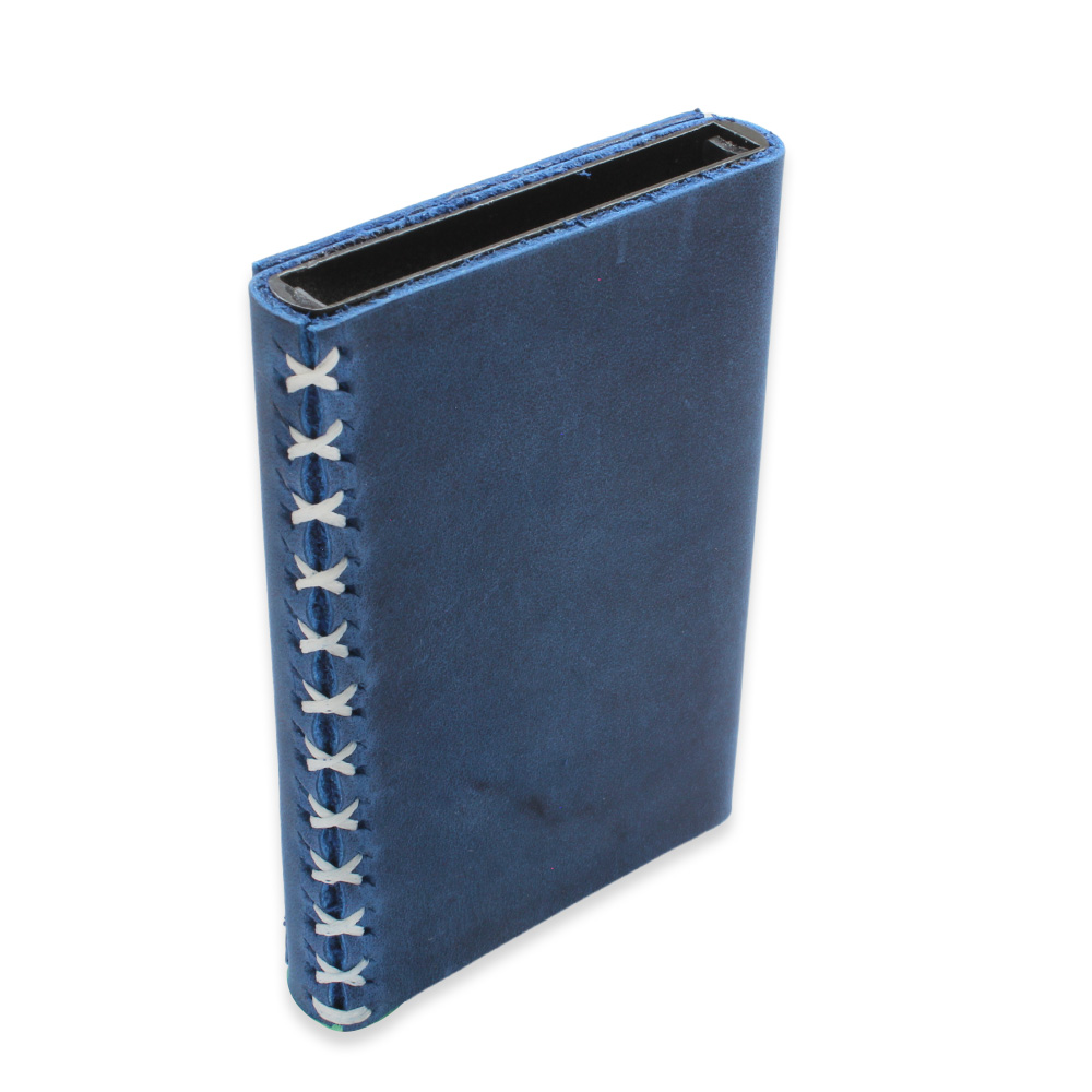 Tamamı El Dikişi Mavi Hakiki Deriden Mekanizmalı İsme Özel Yazılı Kartlık Cüzdan M3 - 4