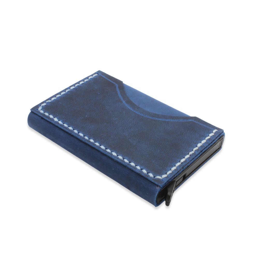 Tamamı El Dikişi Mavi Hakiki Deriden Mekanizmalı İsme Özel Yazılı Kartlık Cüzdan M3 - 5