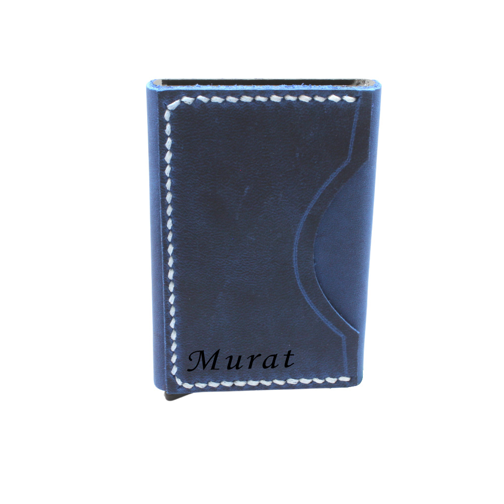 Tamamı El Dikişi Mavi Hakiki Deriden Mekanizmalı İsme Özel Yazılı Kartlık Cüzdan M3 - 2