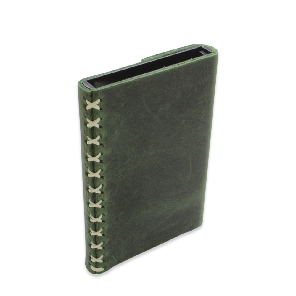 Tamamı El Dikişi Yeşil Hakiki Deriden Mekanizmalı İsme Özel Yazılı Kartlık Cüzdan M3 - 4