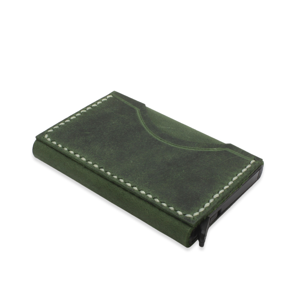 Tamamı El Dikişi Yeşil Hakiki Deriden Mekanizmalı İsme Özel Yazılı Kartlık Cüzdan M3 - 5