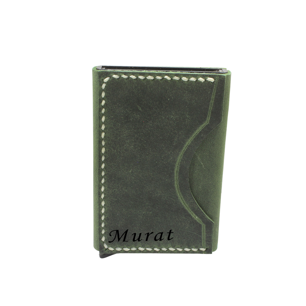 Tamamı El Dikişi Yeşil Hakiki Deriden Mekanizmalı İsme Özel Yazılı Kartlık Cüzdan M3 - 2