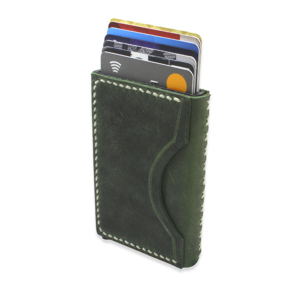 Tamamı El Dikişi Yeşil Hakiki Deriden Mekanizmalı İsme Özel Yazılı Kartlık Cüzdan M3 - 1