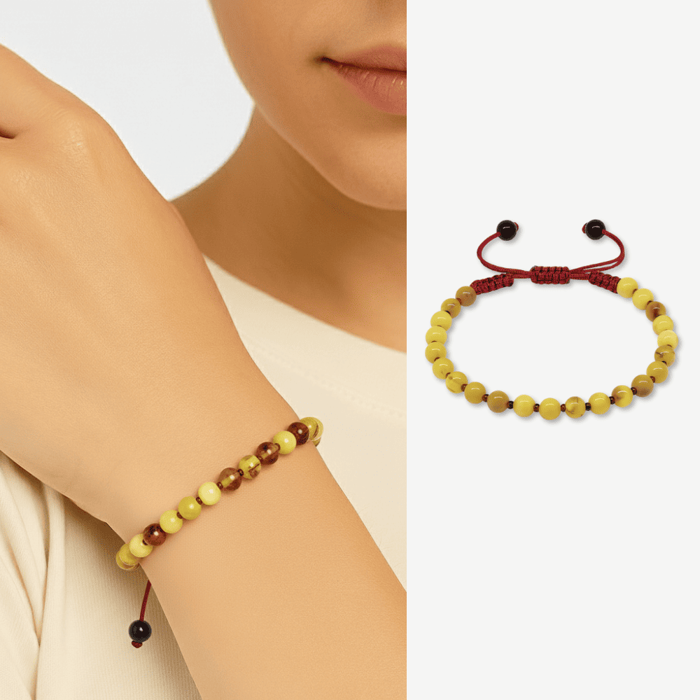 Mkarome Örgülü Küre Kesim Sarı Beyaz Renk Doğal Damla Kehribar Kadın Bileklik - 1