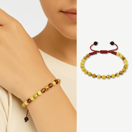 Mkarome Örgülü Küre Kesim Sarı Beyaz Renk Doğal Damla Kehribar Kadın Bileklik - Tesbihane