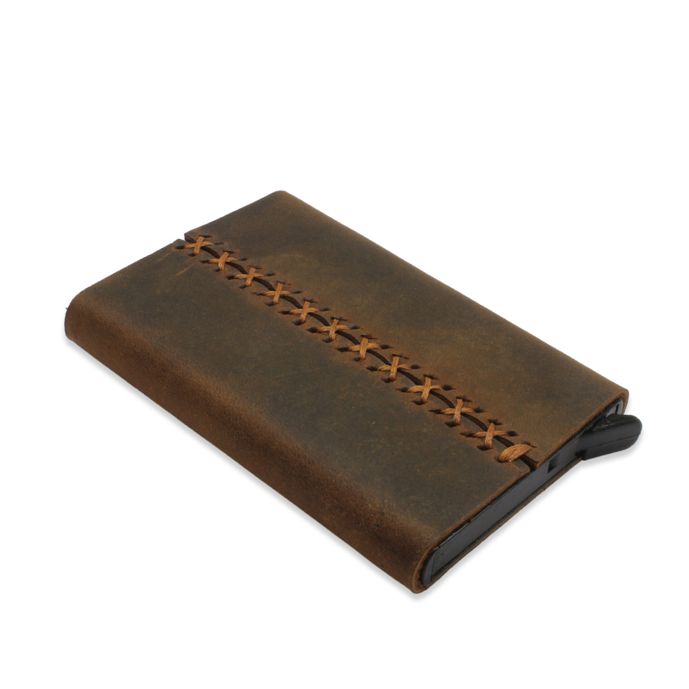 Tamamı El Dikişi Kahverengi Hakiki Deriden Mekanizmalı İsme Özel Yazılı Kartlık Cüzdan M2 - 5