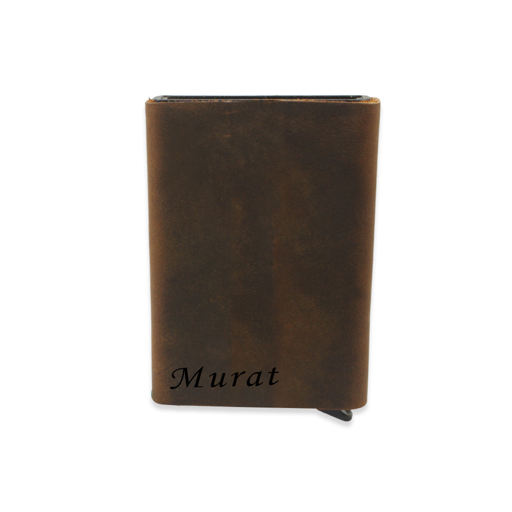 Tamamı El Dikişi Kahverengi Hakiki Deriden Mekanizmalı İsme Özel Yazılı Kartlık Cüzdan M2 - 2