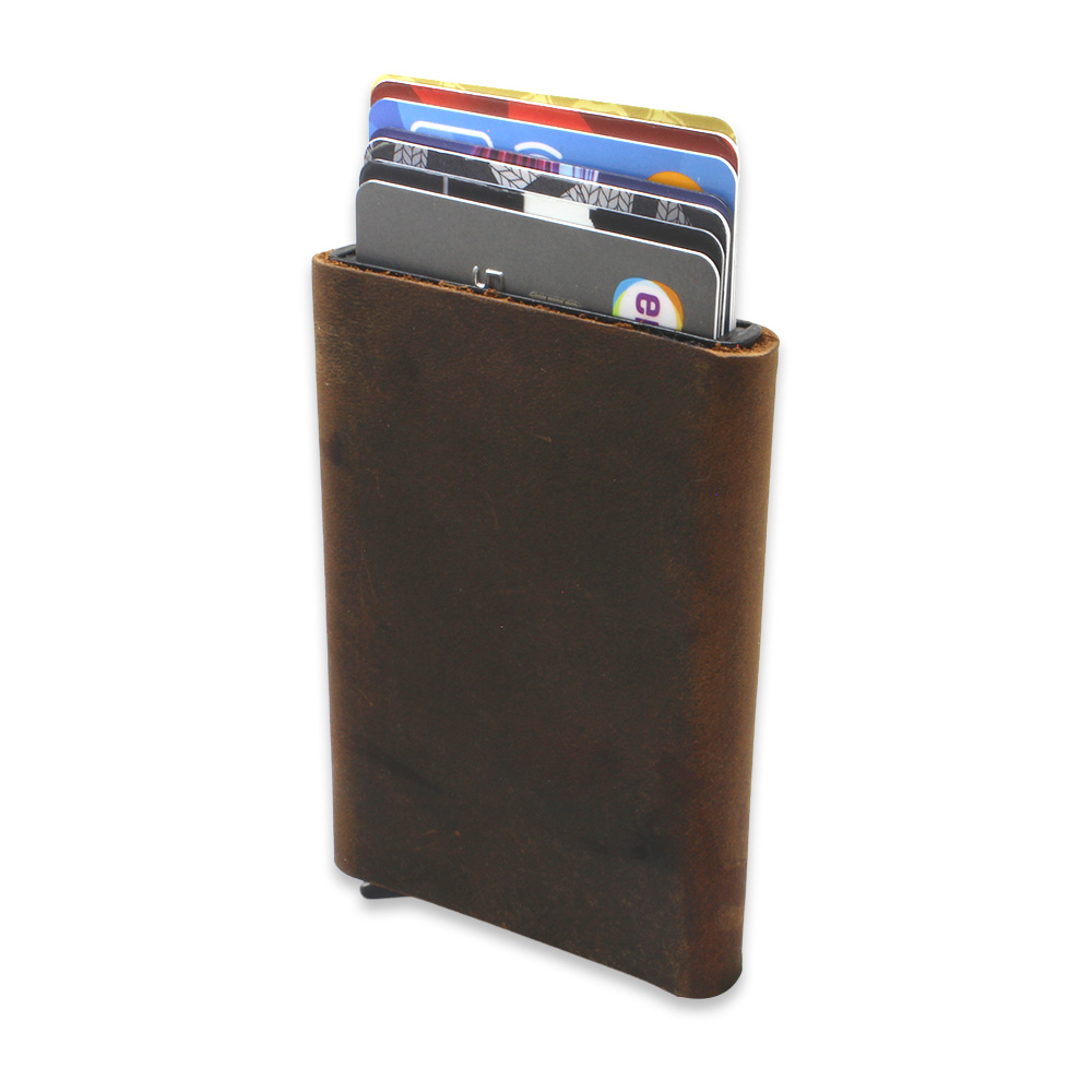 Tamamı El Dikişi Kahverengi Hakiki Deriden Mekanizmalı İsme Özel Yazılı Kartlık Cüzdan M2 - 1