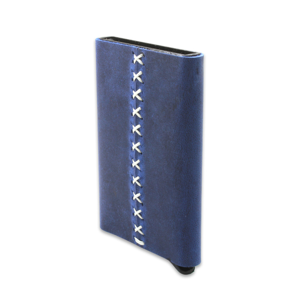 Tamamı El Dikişi Mavi Hakiki Deriden Mekanizmalı İsme Özel Yazılı Kartlık Cüzdan M2 - 3