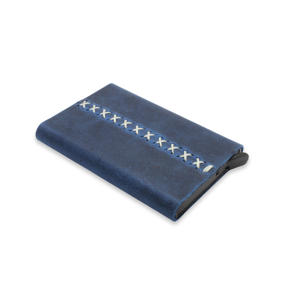 Tamamı El Dikişi Mavi Hakiki Deriden Mekanizmalı İsme Özel Yazılı Kartlık Cüzdan M2 - 5