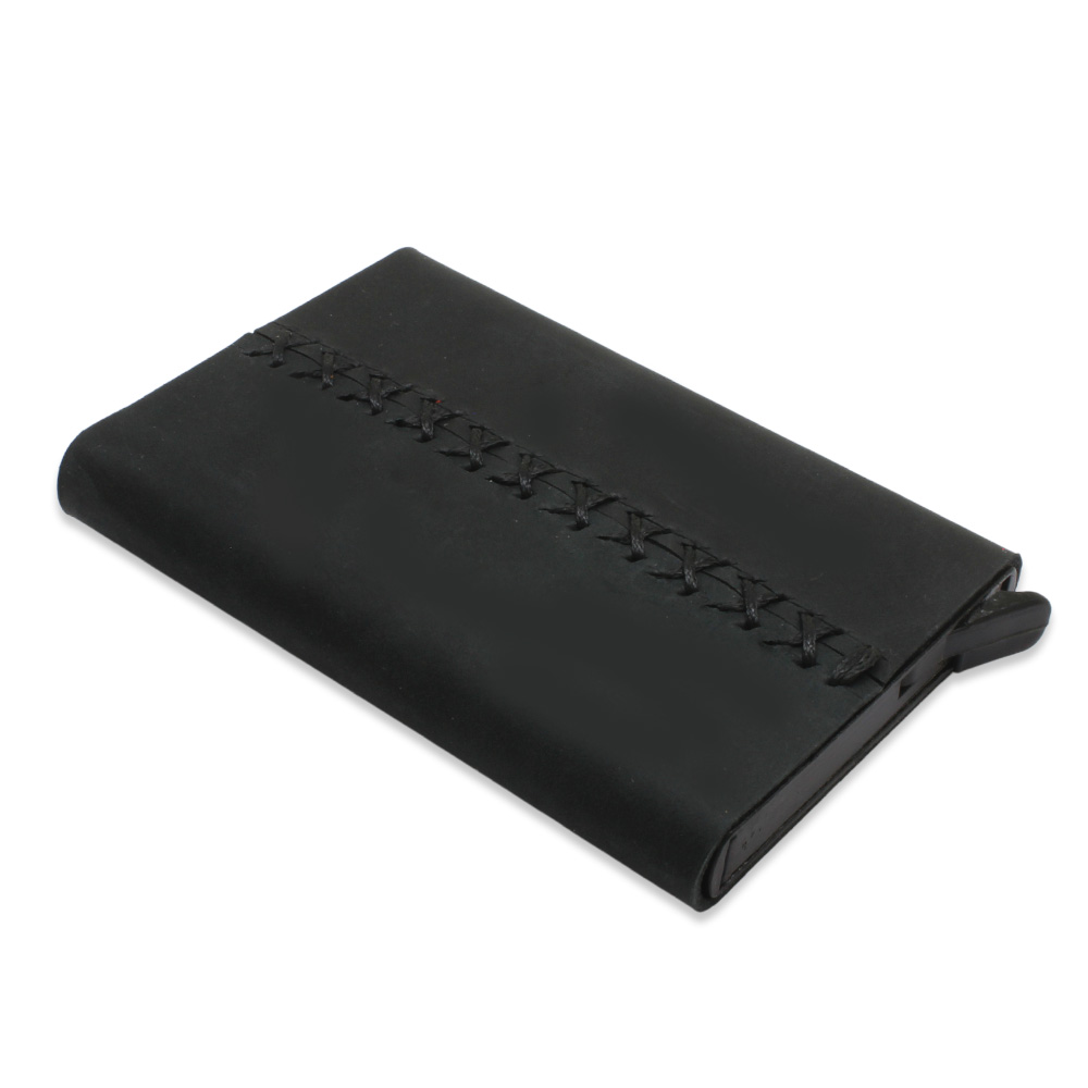 Tamamı El Dikişi Siyah Hakiki Deriden Mekanizmalı İsme Özel Yazılı Kartlık Cüzdan M2 - 5