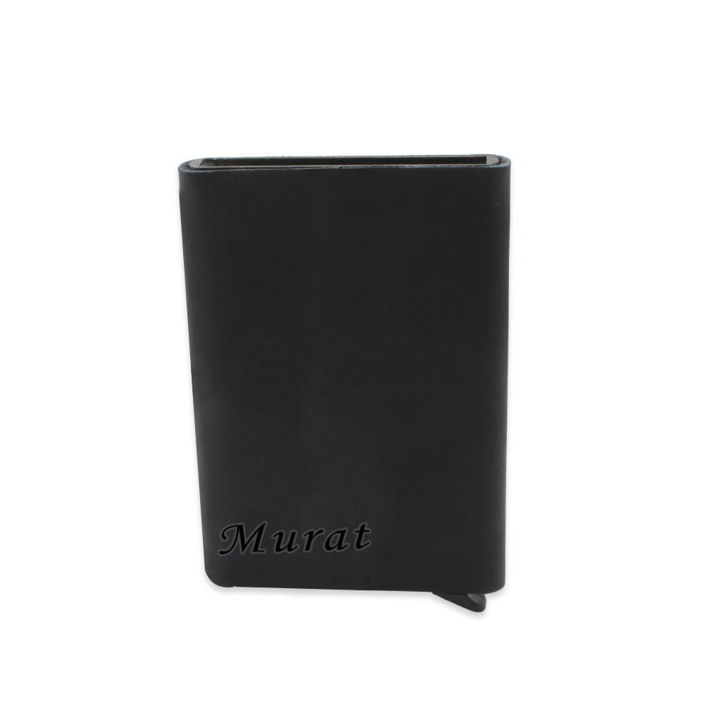Tamamı El Dikişi Siyah Hakiki Deriden Mekanizmalı İsme Özel Yazılı Kartlık Cüzdan M2 - 2