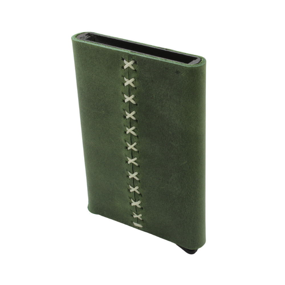 Tamamı El Dikişi Yeşil Hakiki Deriden Mekanizmalı İsme Özel Yazılı Kartlık Cüzdan M2 - 4
