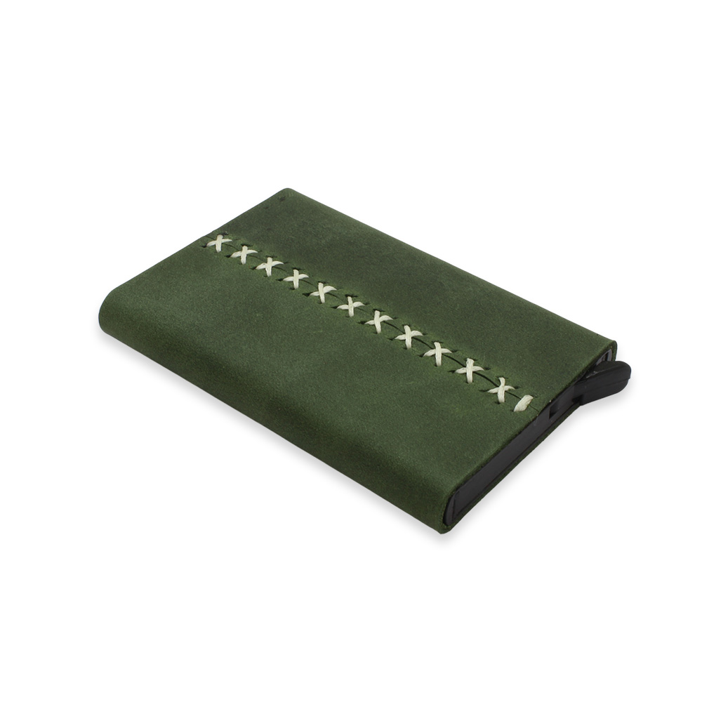 Tamamı El Dikişi Yeşil Hakiki Deriden Mekanizmalı İsme Özel Yazılı Kartlık Cüzdan M2 - 5