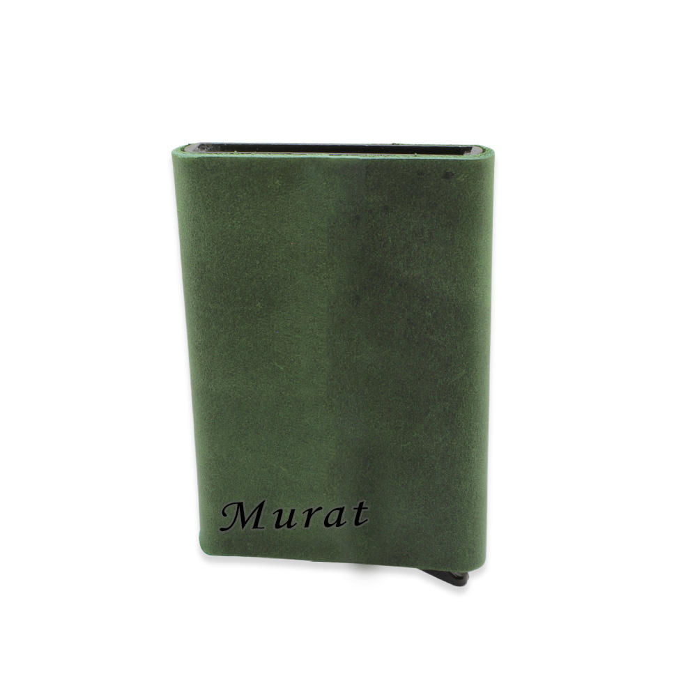 Tamamı El Dikişi Yeşil Hakiki Deriden Mekanizmalı İsme Özel Yazılı Kartlık Cüzdan M2 - 2