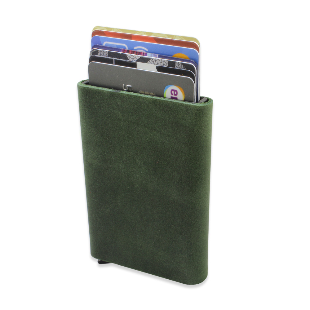 Tamamı El Dikişi Yeşil Hakiki Deriden Mekanizmalı İsme Özel Yazılı Kartlık Cüzdan M2 - 1
