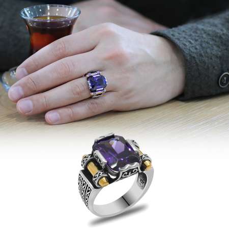 Mor Baget Taşlı Avangarde Tasarım 925 Ayar Gümüş Şah Cihan Yüzük - Tesbihane