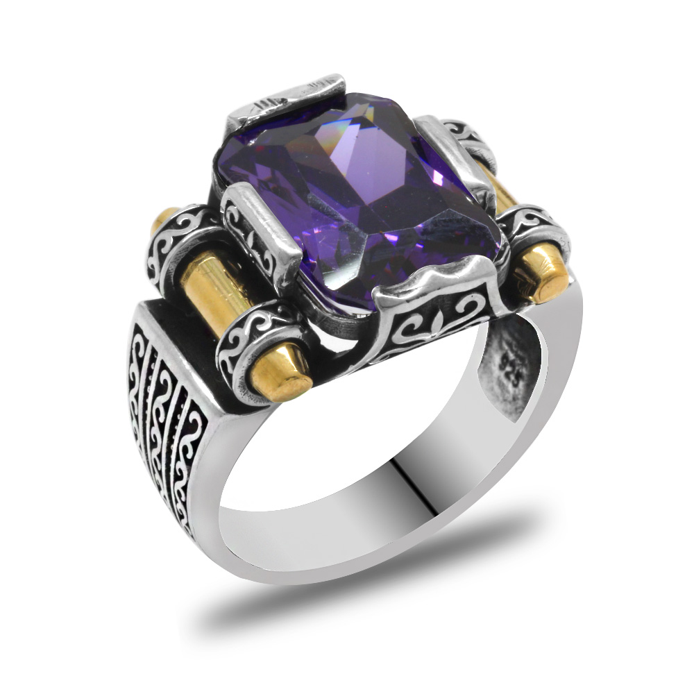 Mor Baget Taşlı Avangarde Tasarım 925 Ayar Gümüş Şah Cihan Yüzük - 3
