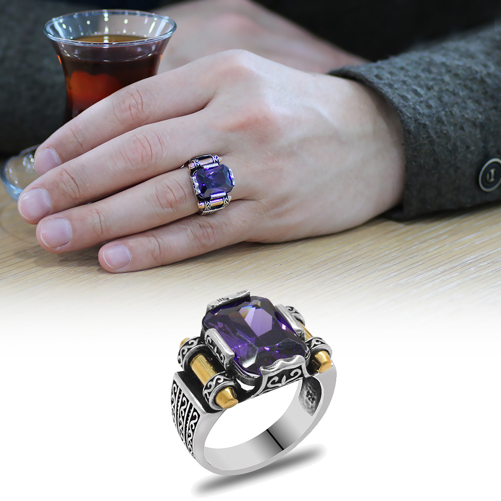 Mor Baget Taşlı Avangarde Tasarım 925 Ayar Gümüş Şah Cihan Yüzük - 1