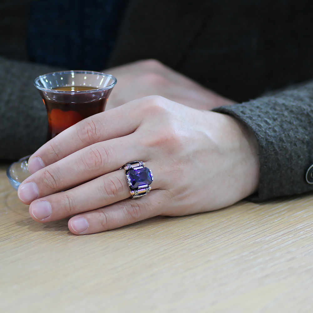 Mor Baget Taşlı Avangarde Tasarım 925 Ayar Gümüş Şah Cihan Yüzük - 2