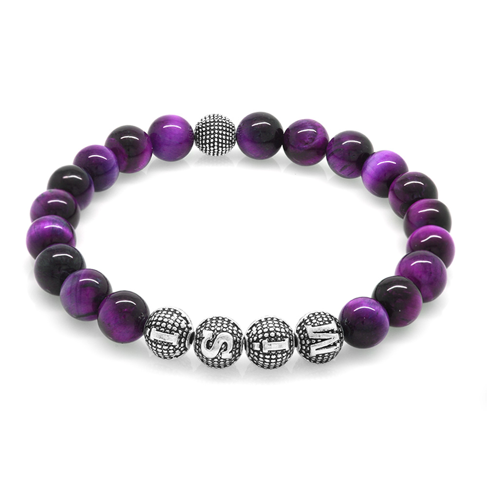 Mor Kaplan Gözü Doğaltaş Bileklik - İsme Özel Yazılı - Metal Kombinli - Küre Kesim - 3