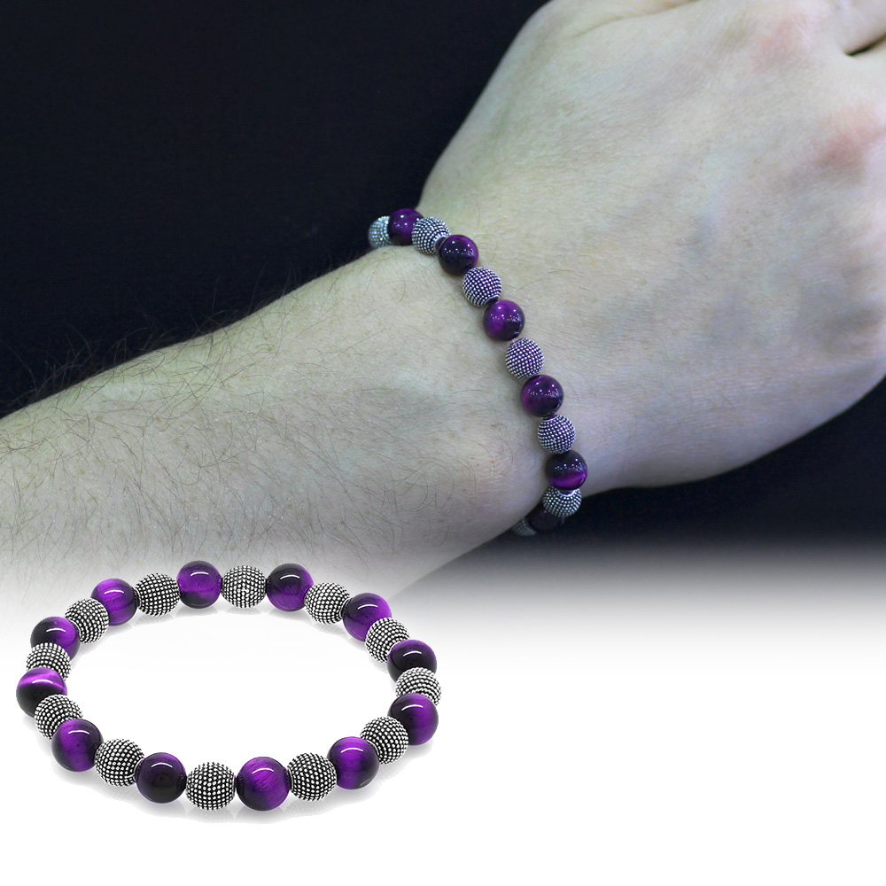 Mor Kaplan Gözü Doğaltaş Bileklik - Metal Kombinli - Küre Kesim - 1