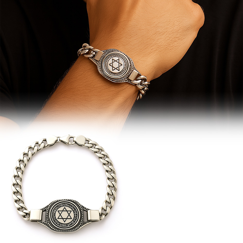 Mühr-i Süleyman İşlemeli Gurmet Zincirli 925 Ayar Gümüş Erkek Bileklik - 1