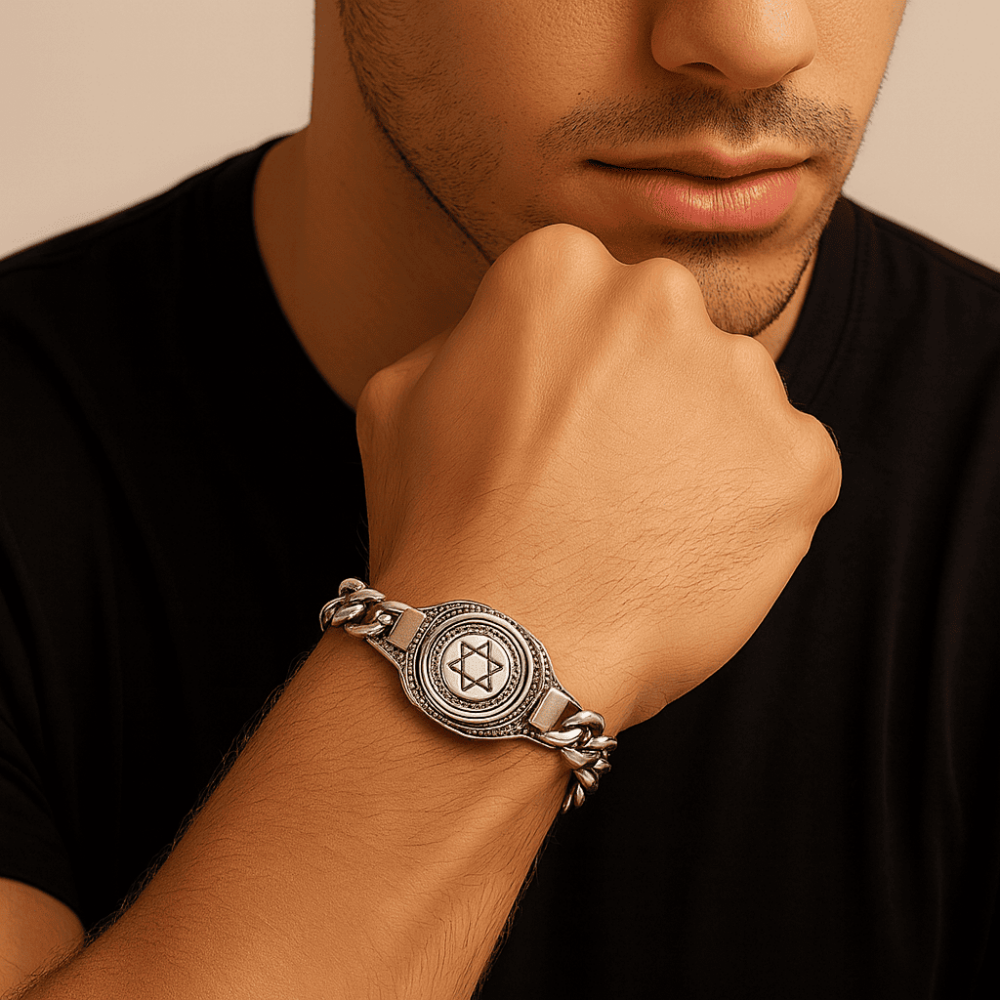 Mühr-i Süleyman İşlemeli Gurmet Zincirli 925 Ayar Gümüş Erkek Bileklik - 2