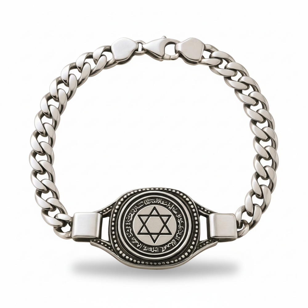 Mühr-i Süleyman İşlemeli Gurmet Zincirli 925 Ayar Gümüş Erkek Bileklik - 3