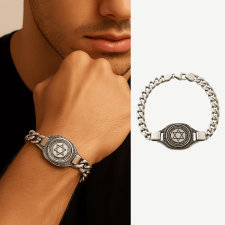 Mühr-i Süleyman İşlemeli Gurmet Zincirli 925 Ayar Gümüş Erkek Bileklik - Tesbihane