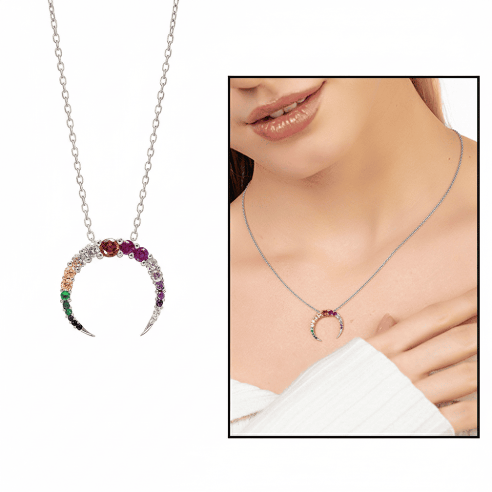 Multi Renk Zirkon Taşlı Hilal Tasarım 925 Ayar Gümüş Kadın Kolye - 1