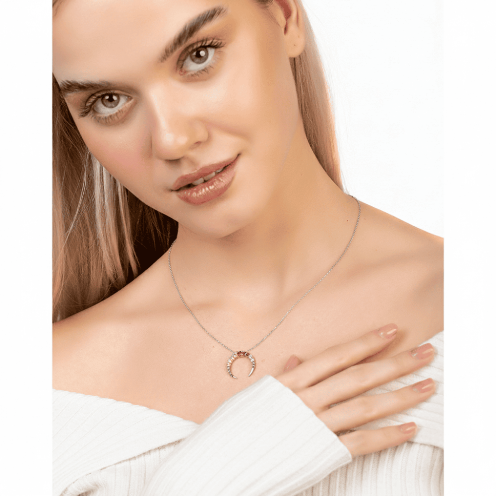 Multi Renk Zirkon Taşlı Hilal Tasarım 925 Ayar Gümüş Kadın Kolye - 2