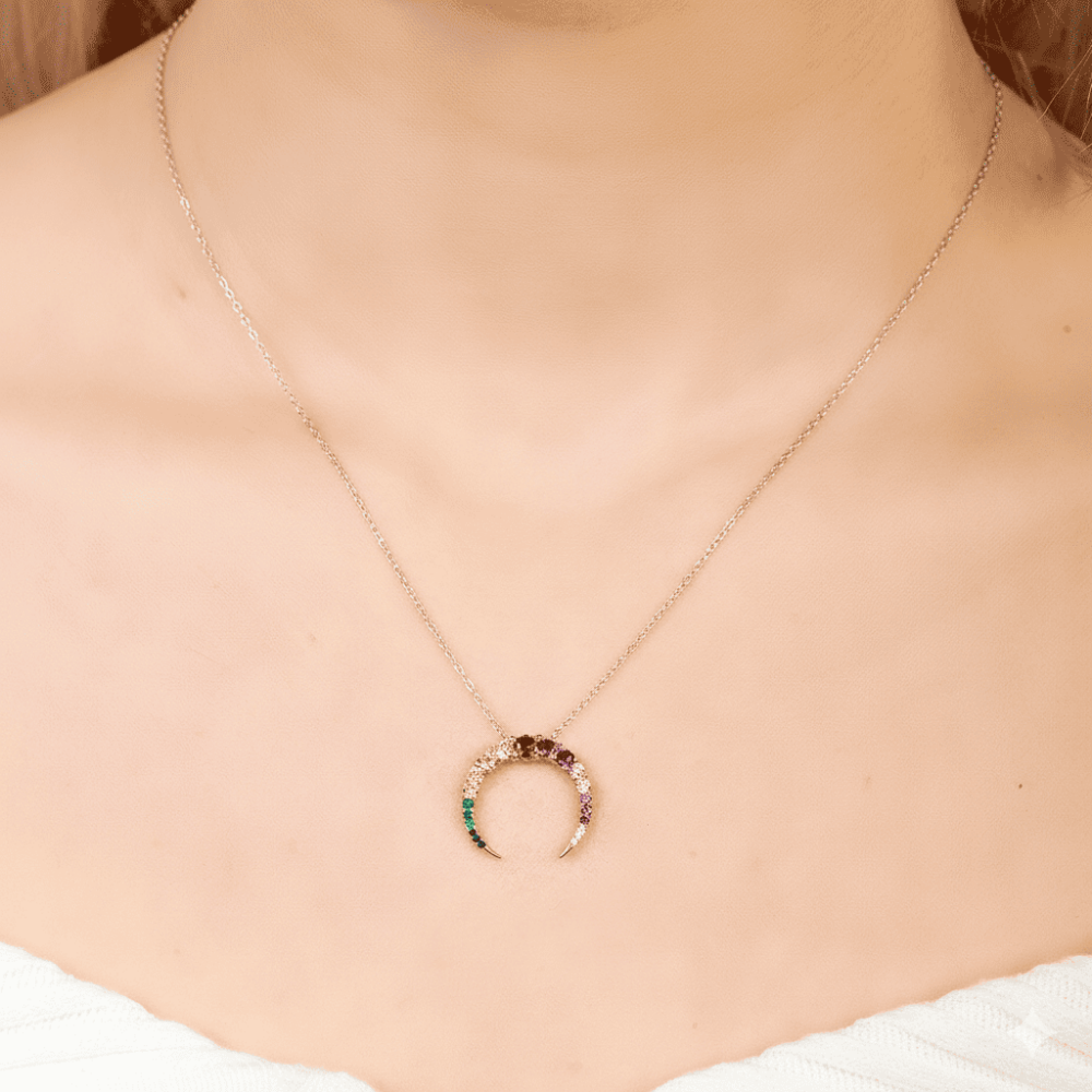 Multi Renk Zirkon Taşlı Hilal Tasarım 925 Ayar Gümüş Kadın Kolye - 4
