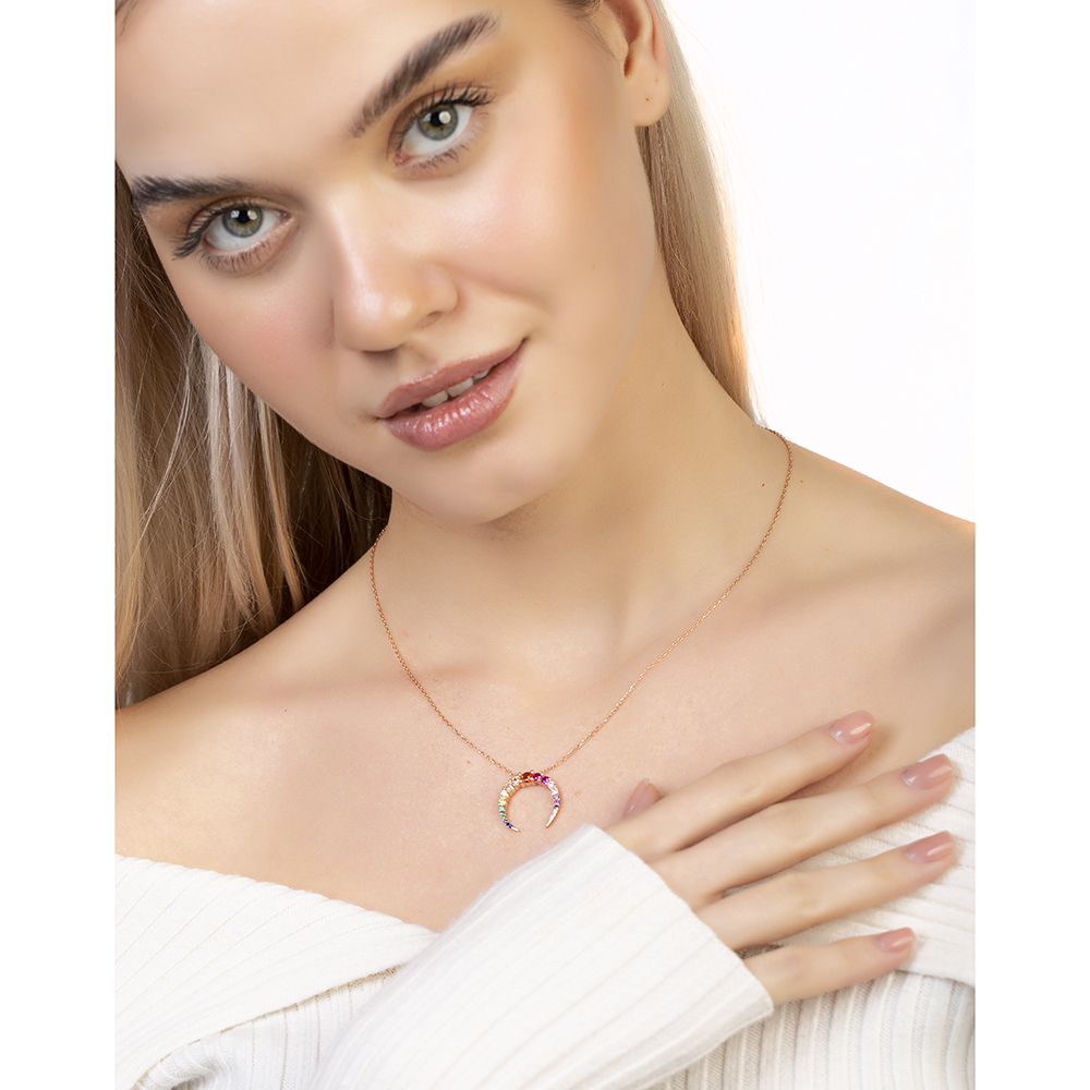 Çok Renkli Zirkon Taşlı Hilal Tasarım Rose Renk 925 Ayar Gümüş Kadın Kolye - 2