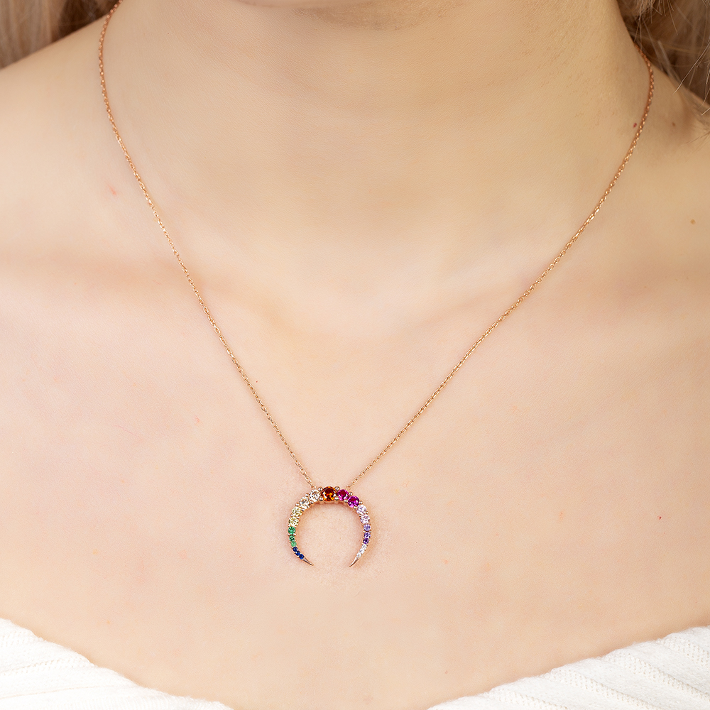 Çok Renkli Zirkon Taşlı Hilal Tasarım Rose Renk 925 Ayar Gümüş Kadın Kolye - 3