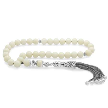 Multi Zincirli Kararmaz Metal Püsküllü Küre Kesim Beyaz Mercan Doğaltaş Tesbih - STOKYOK