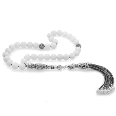 Multi Zincirli Kararmaz Metal Püsküllü Küre Kesim Beyaz Sedef Doğaltaş Tesbih - STOKYOK