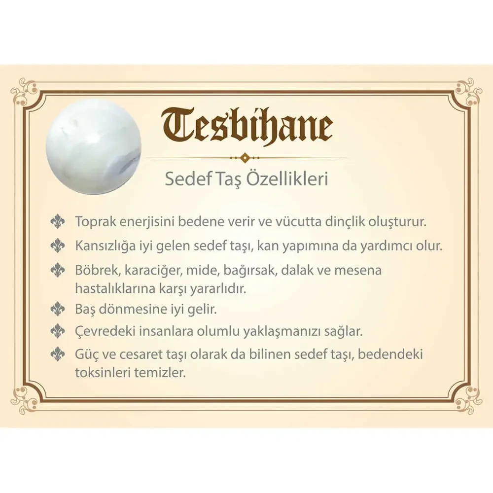 Multi Zincirli Kararmaz Metal Püsküllü Küre Kesim Beyaz Sedef Doğaltaş Tesbih - 2