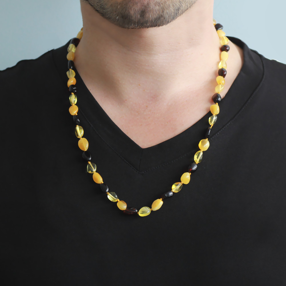 Çok Renkli Doğal Damla Kehribar Taşlı Erkek Kolye - 2