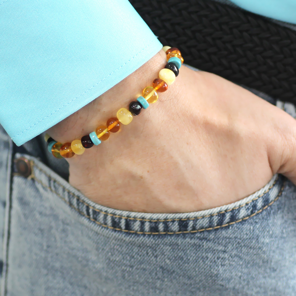 Multicolor Renk Firuze Doğaltaş Süslemeli Natural Form Doğal Damla Kehribar Erkek Bileklik - 7