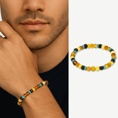 Multicolor Renk Firuze Doğaltaş Süslemeli Natural Form Doğal Damla Kehribar Erkek Bileklik - Tesbihane