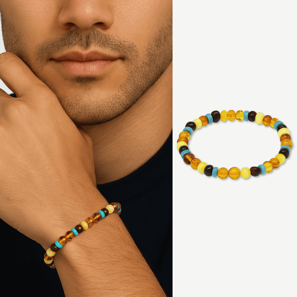 Multicolor Renk Firuze Doğaltaş Süslemeli Natural Form Doğal Damla Kehribar Erkek Bileklik - 1